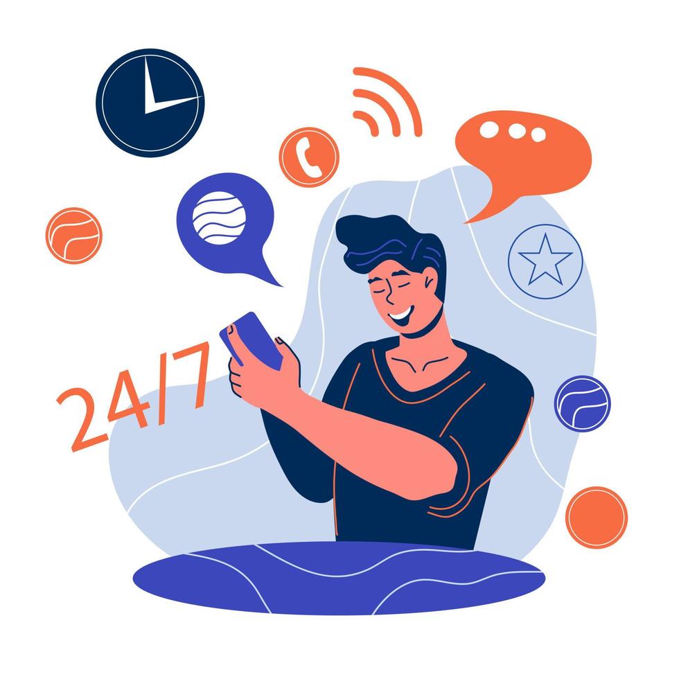 Customer calling to online support round-the-clock center. Clients 24 on 7 hotline service concept with cartoon character using hotline. Flat cartoon vector illustration isolated.