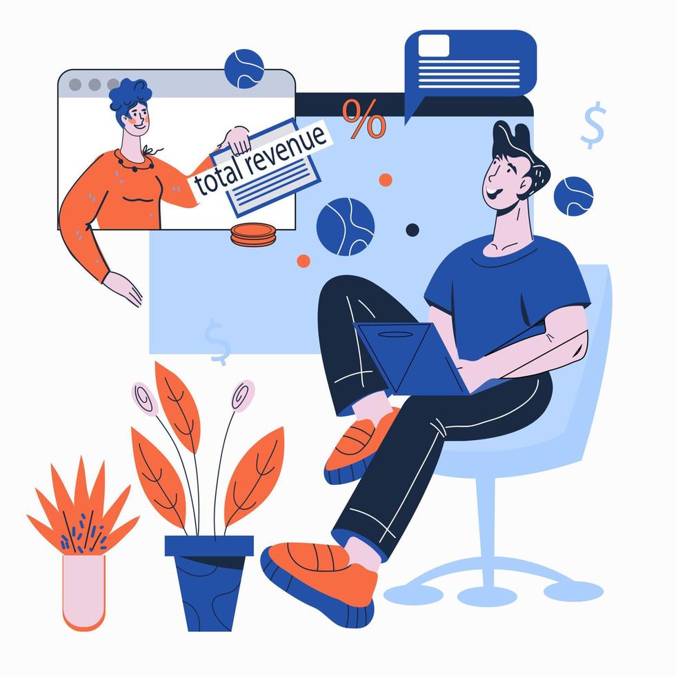 Making money on the internet and electronic commerce concept with entrepreneur enjoying high revenue of investments or business project. Cartoon vector illustration isolated.