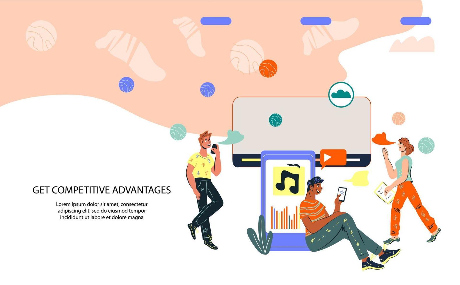 Business leadership and career growth opportunity, advantages in market competition - web banner template with young business people characters. Flat cartoon vector illustration.