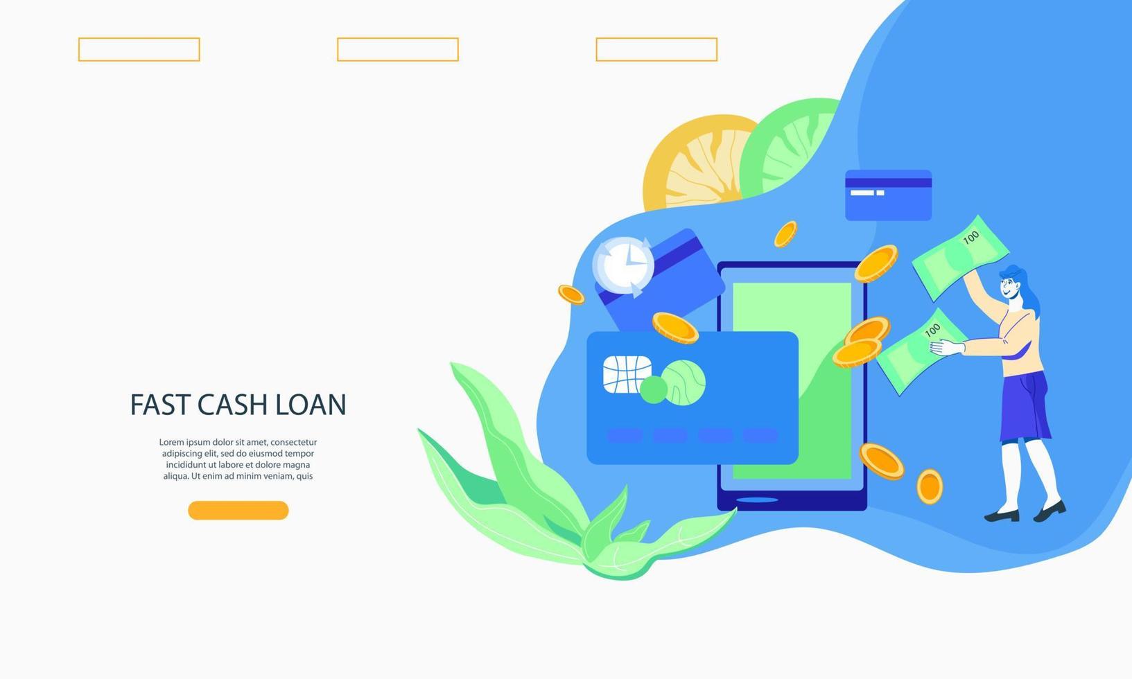 Fast cash loan and quick money transfer financial services web page template with cartoon character of woman near mobile phone. Credit approval or contract conclusion online, flat vector illustration.