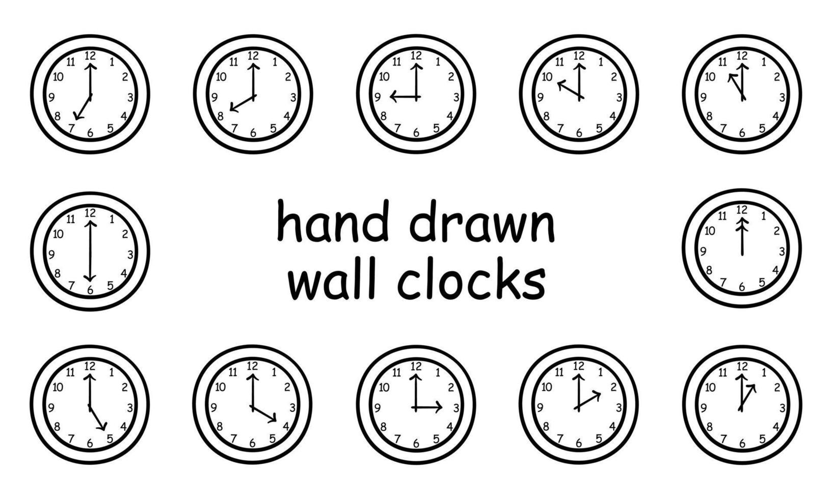 una colección de relojes de pared dibujados a mano vector