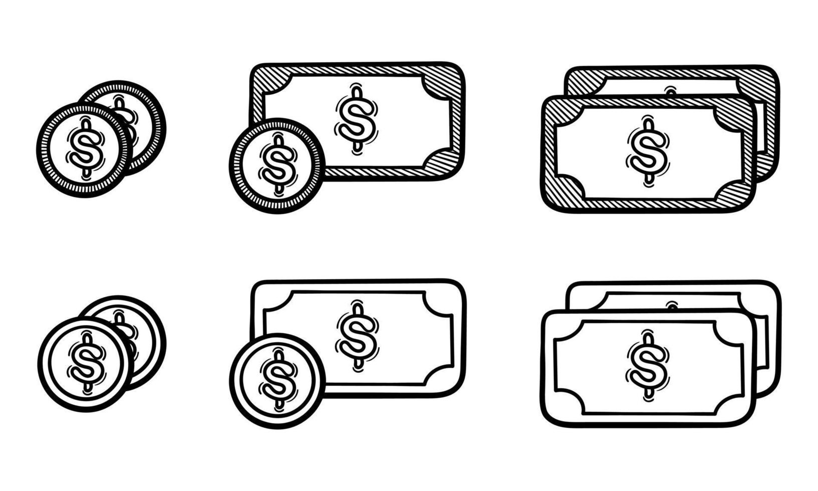 hand drawn collection of banknotes and coins vector