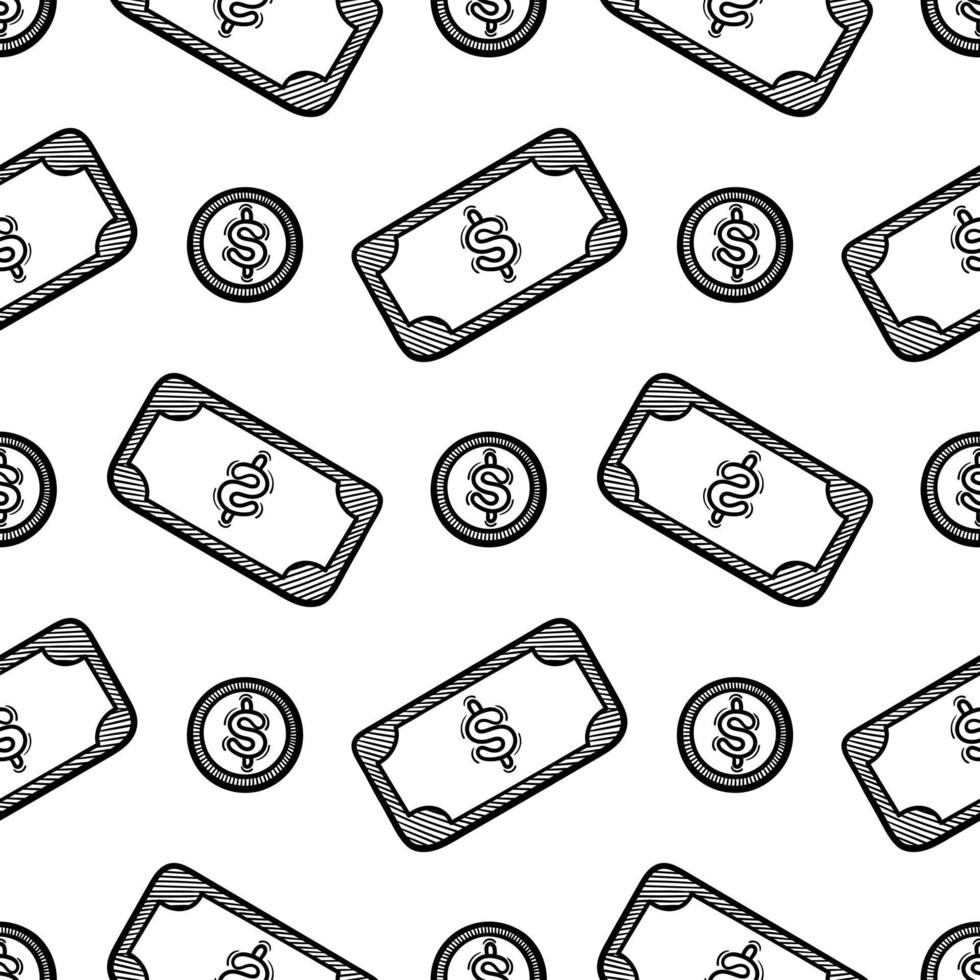 hand drawn seamless pattern of banknotes and coins vector