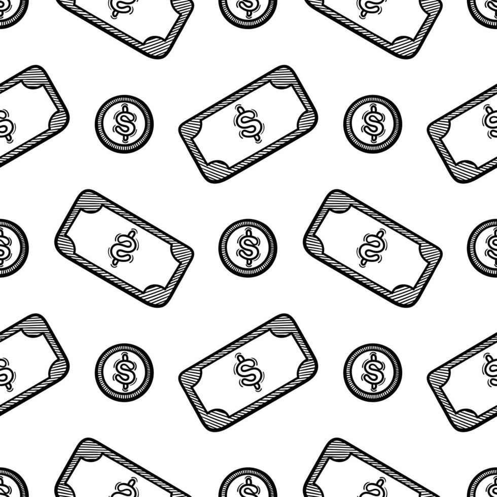 hand drawn seamless pattern of banknotes and coins vector