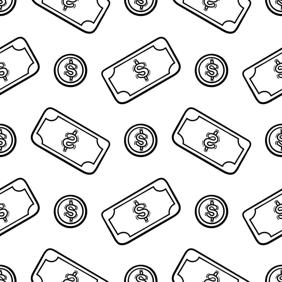 hand drawn seamless pattern of banknotes and coins 2 vector