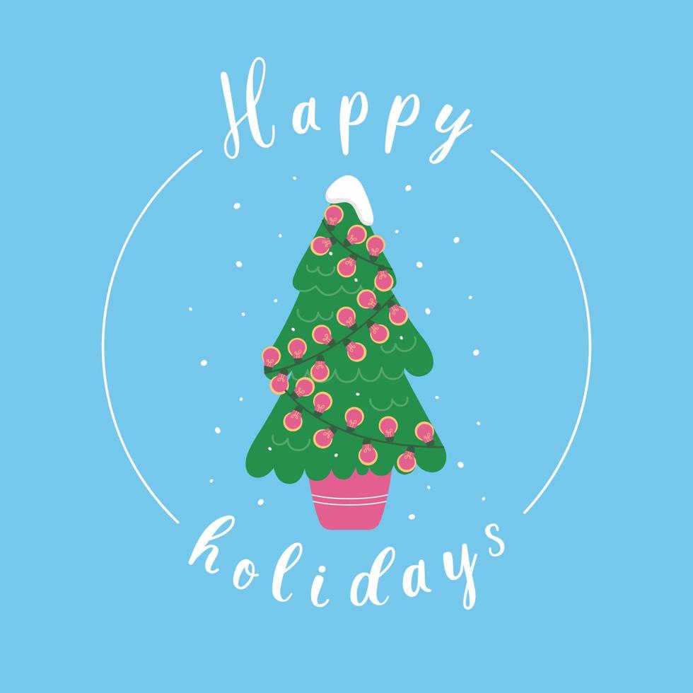 árbol de Navidad con guirnalda rosa brillante bajo la nieve aislado sobre fondo azul. árbol en una olla con letras. felices vacaciones. ilustración plana vectorial en un estilo simple vector