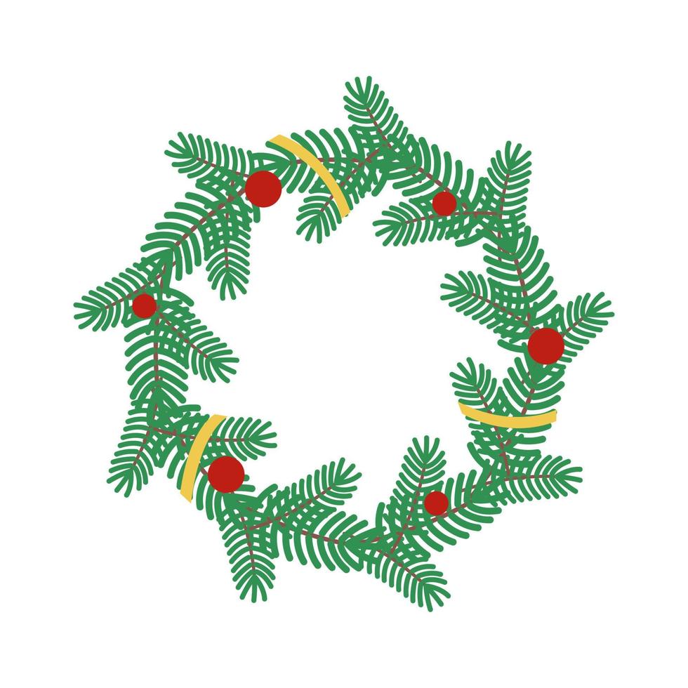 corona navideña de ramas de árboles de navidad decoradas con bolas y cintas aisladas en un fondo blanco. ilustración plana vectorial para año nuevo, celebración de navidad. marco redondo vector