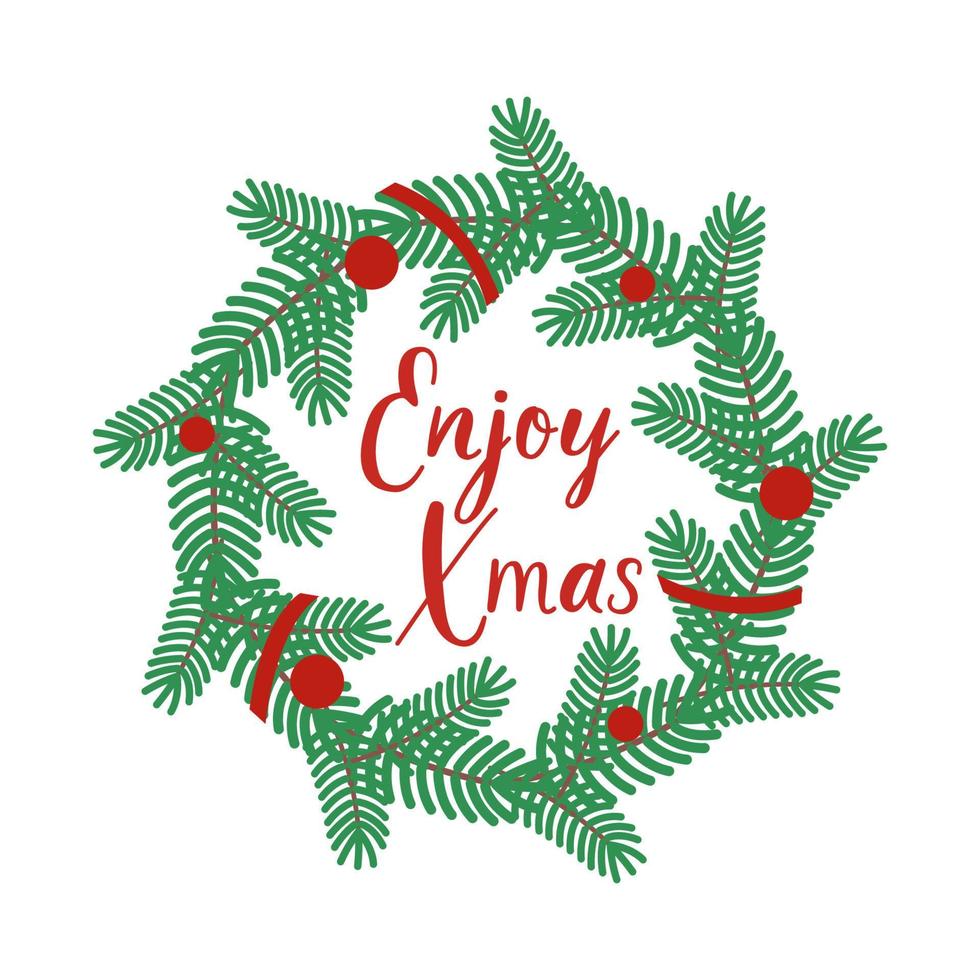 Christmas wreath of Christmas tree branches decorated with red balls, ribbon and lettering. Vector flat illustration for New Year, Xmas celebration. Round frame, template for greeting card, poster