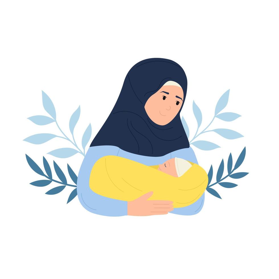 Happy Mothers Day. Muslim mother in hijab holding a child vector