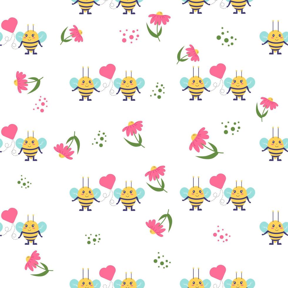 Seamless pattern of bees in love on white background. Vector