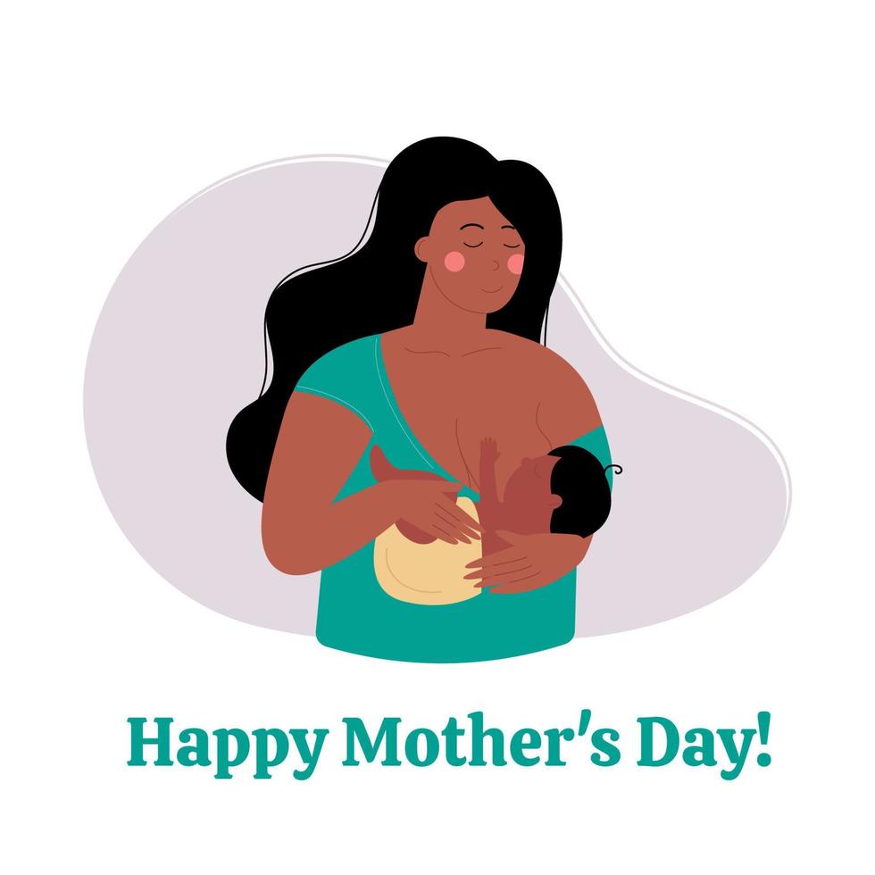 Happy Mothers Day. A black African American mother holding a child in her arms and feeding vector