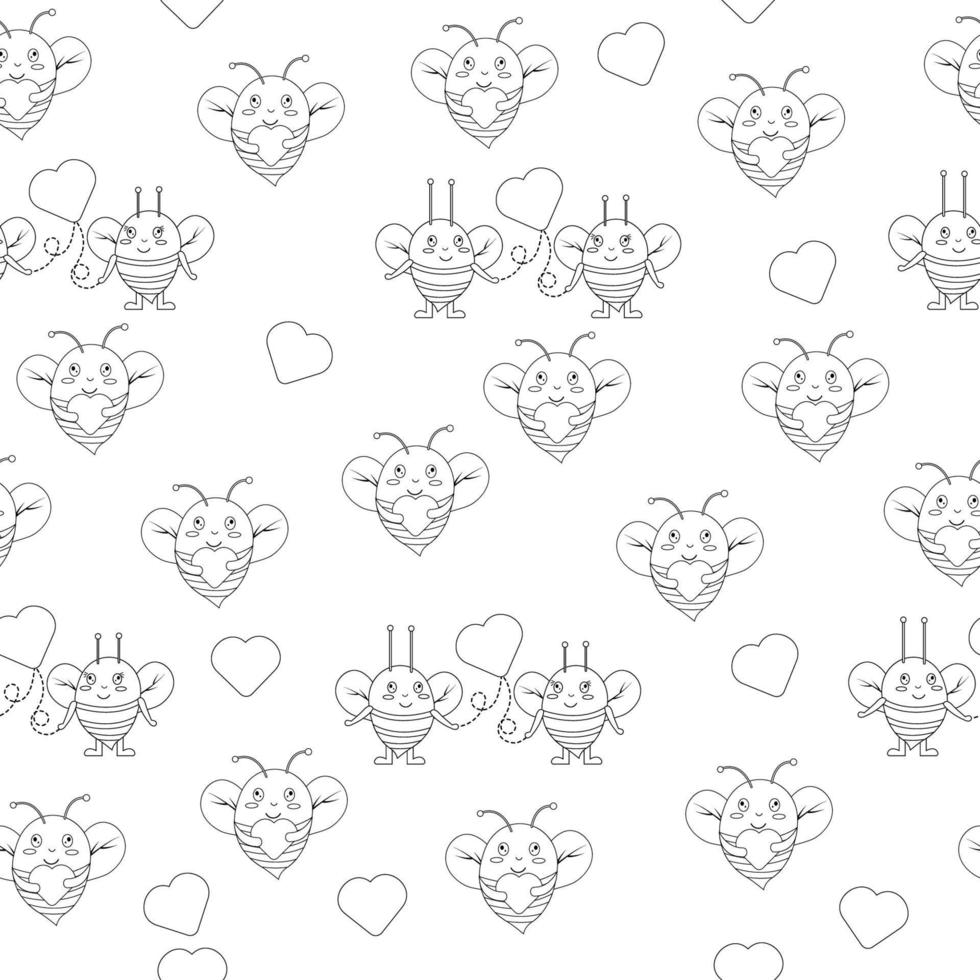 Seamless pattern outline of bees in love. Vector