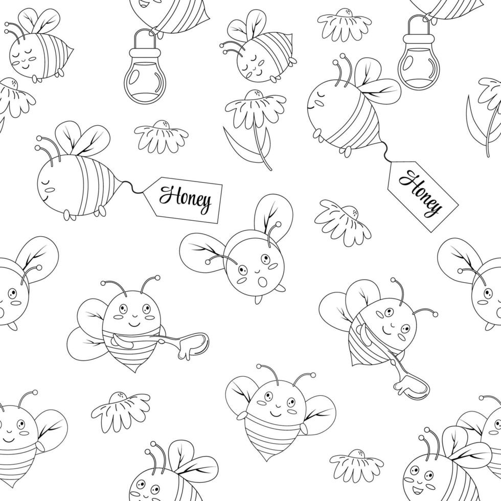 Seamless pattern outline of bees on white background. Vector