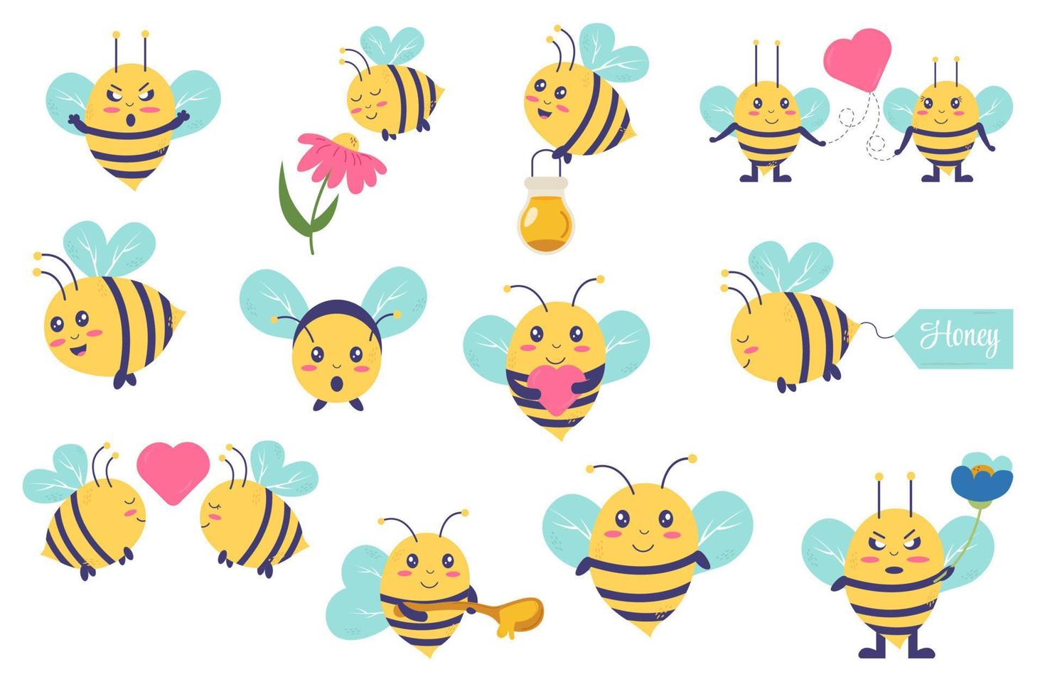 Collection of bees kawaii character. Bee with honey, flowers, angry bee vector