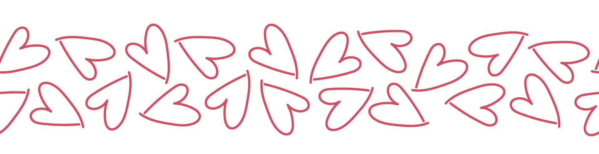 Seamless border with line art pink hearts. Hand drawn doodle style vector