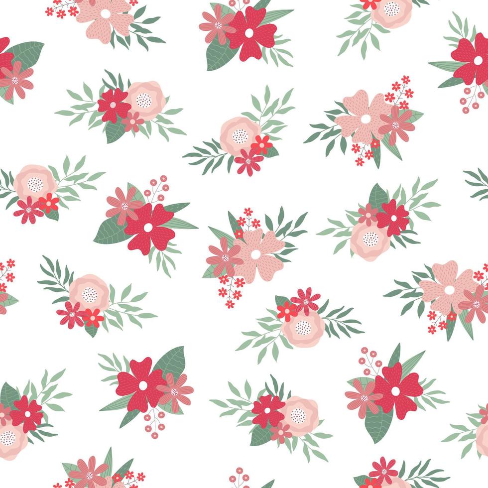 Seamless pattern with flowers bouquets. Endless print made of flowers and leaves in pastel colors on white background. vector