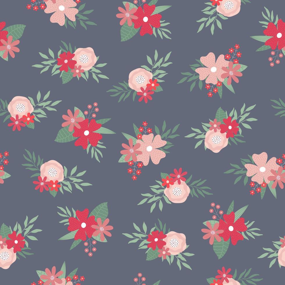 Seamless pattern with flowers bouquets. Endless print made of flowers and leaves in pastel colors on blue background vector
