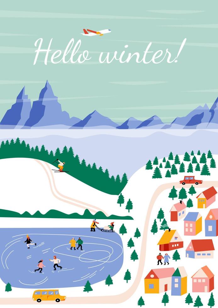 Hello winter. Landscape, mountains, ice rink, spruces,  lake, snow,  cozy houses, people, cars. Vector border, frame. Perfect for a postcard or poster