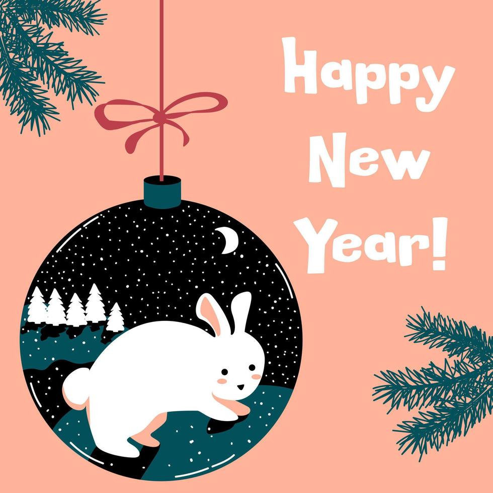 Symbol of Chinese New Year. Happy New Year. Fir branches, a Christmas ball with a rabbit, snowfall. Vector greeting card. Perfect for a postcard or poster
