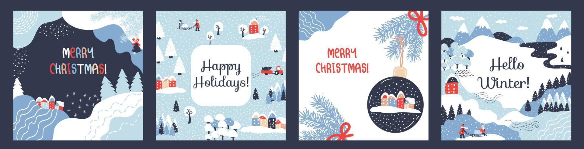 Set of 4 winter cards. Merry Christmas. Vector border, frame. Spruce branches, snow, lines, snowdrifts, cozy houses, winter landscape, forest. Perfect for a postcard or poster