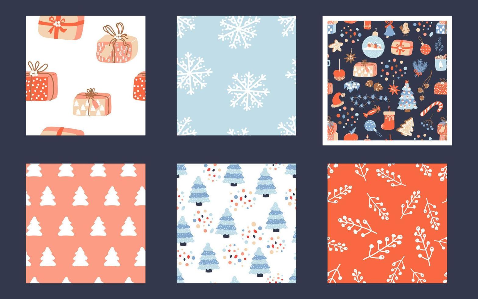 Set of 6 Christmas patterns. Vector backgrounds with spruce, gift boxes and dots. Ideal for design of fabric, cards, wrapping paper for Happy New year