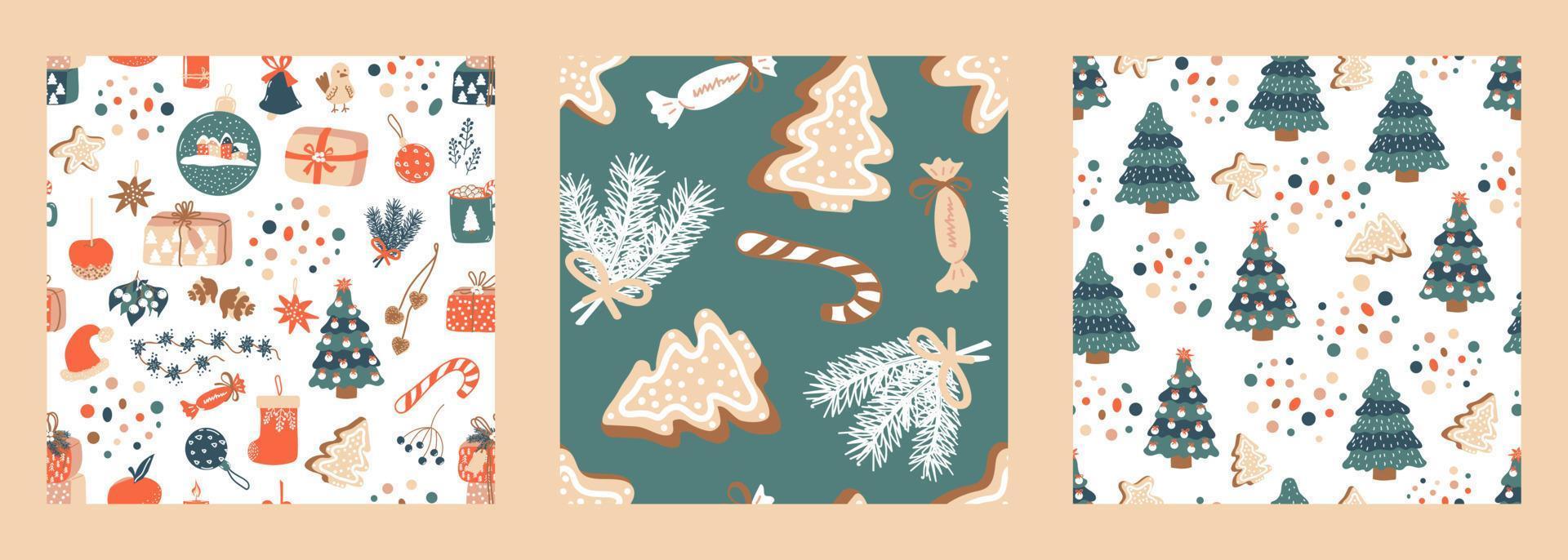 Set of 3 Christmas patterns. Vector backgrounds with spruce, gift boxes and dots. Ideal for design of fabric, cards, wrapping paper for Happy New year