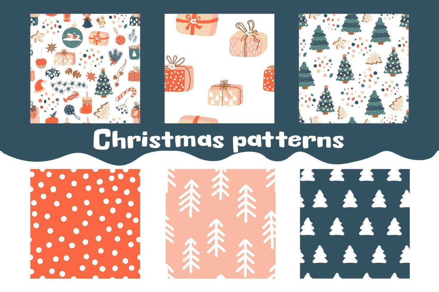 Set of 6 Christmas patterns. Vector backgrounds with spruce, gift boxes and dots. Ideal for design of fabric, cards, wrapping paper for Happy New year