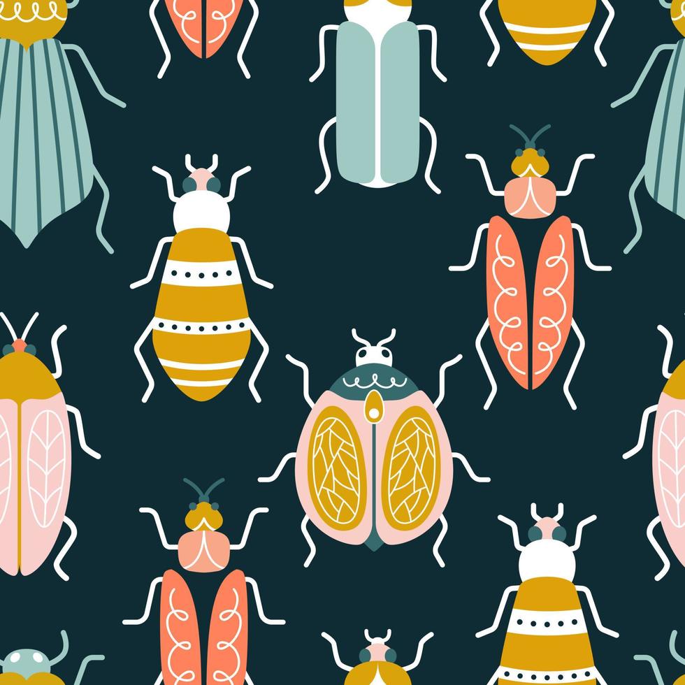 Multicolored bugs on a blue background in art deco style. Seamless vector pattern with ants