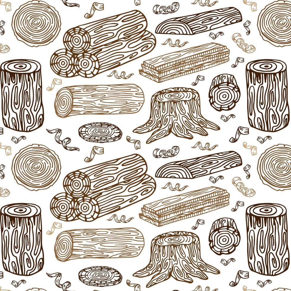 madera, materiales para quemar. colección de ilustraciones de bocetos vectoriales. materiales para la industria de la madera. tocón, rama, madera. madera de árbol fondo, papel tapiz, patrón. plantilla para impresión, diseño web vector