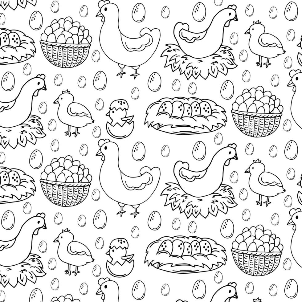 Seamless pattern with chickens, roosters and chickens. Vector illustration.