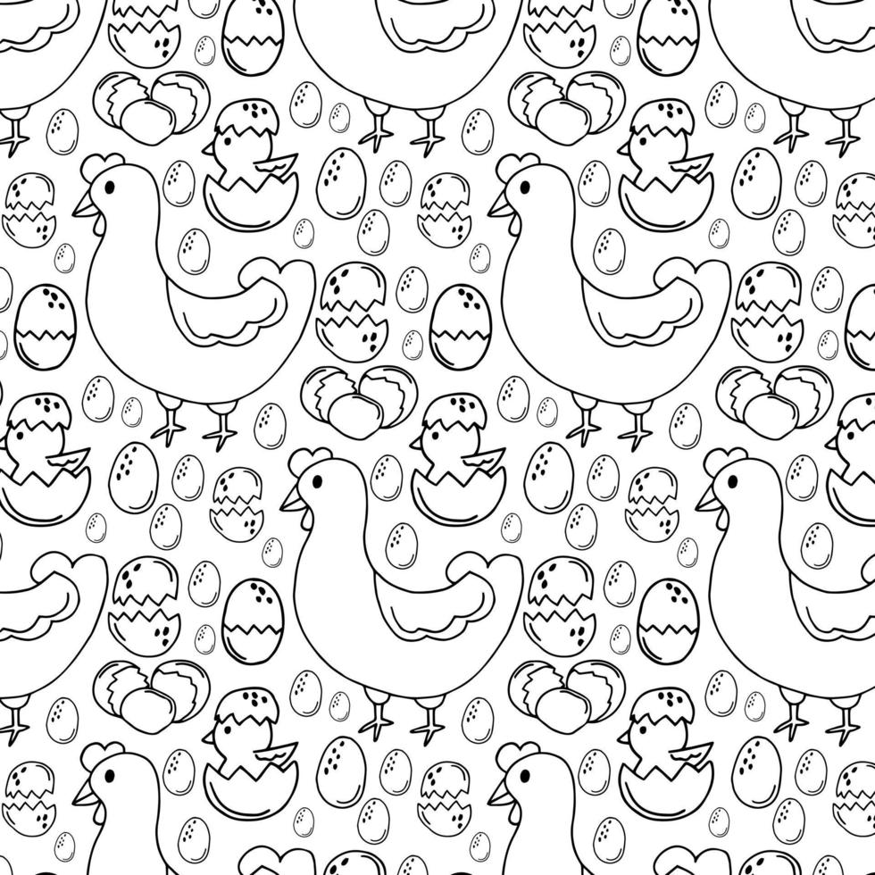 Seamless pattern with chickens, roosters and chickens. Vector illustration.