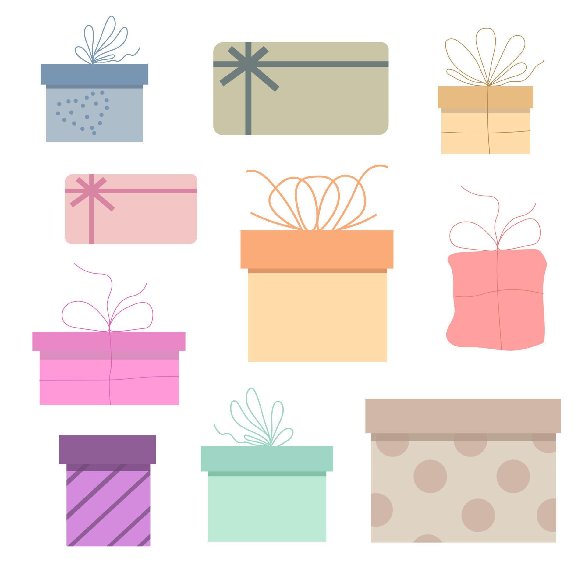 Set of gift boxes of different sizes and colors with bows, with