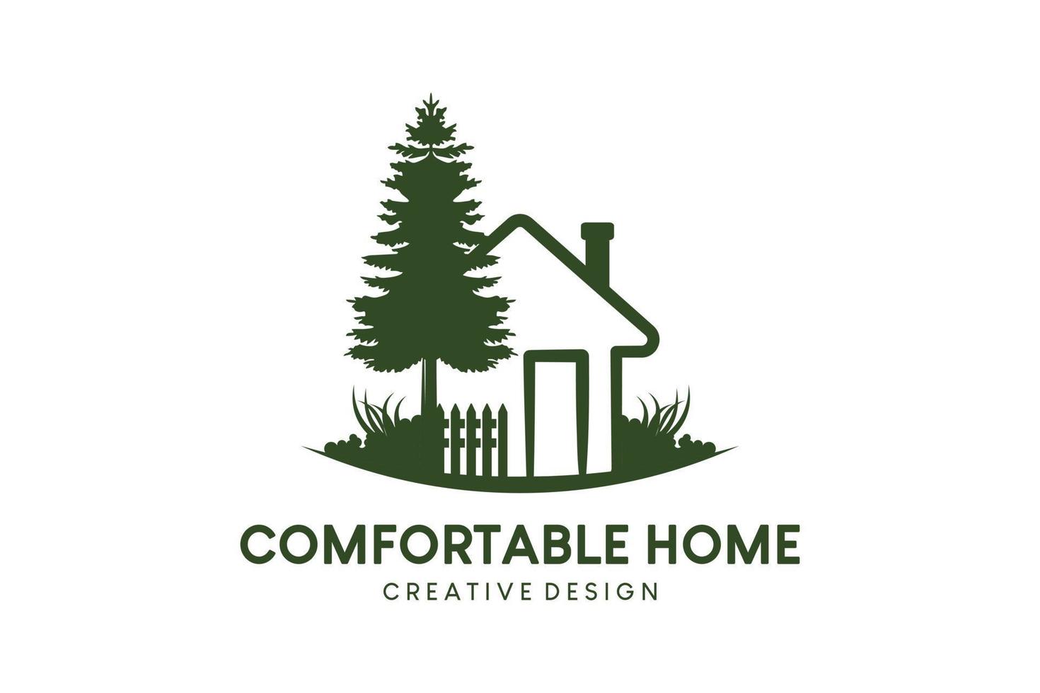 House icon logo design, hand drawn green house with trees and grass vector