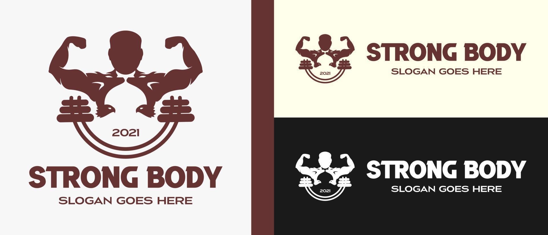 Fitness vector logo design template, vector design for gym and fitness. illustration of a muscular man with two eagles on the chest, and a weightlifting icon