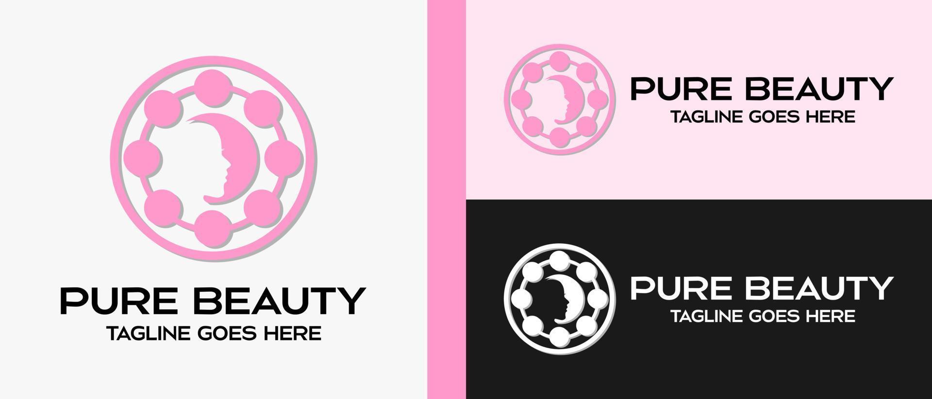 beauty salon logo design template, female face icon and rotating dots in pink circle. vector illustration