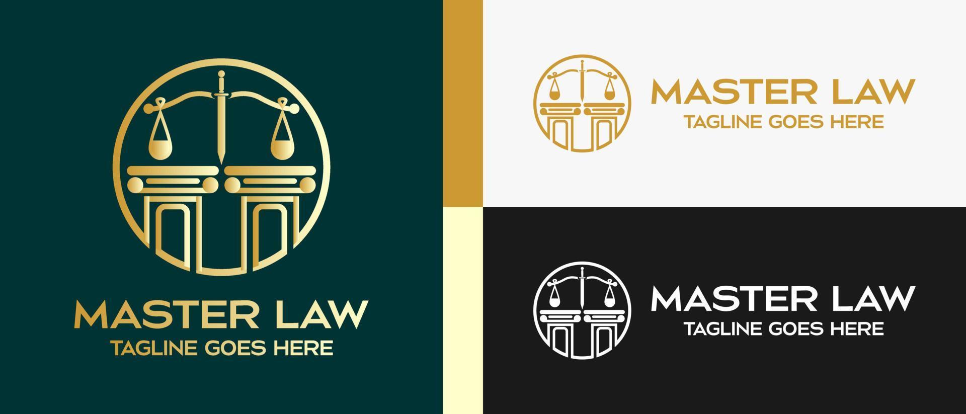 two pillars of law logo design template, legal scales and sword with fancy lines in a circle. vector illustration