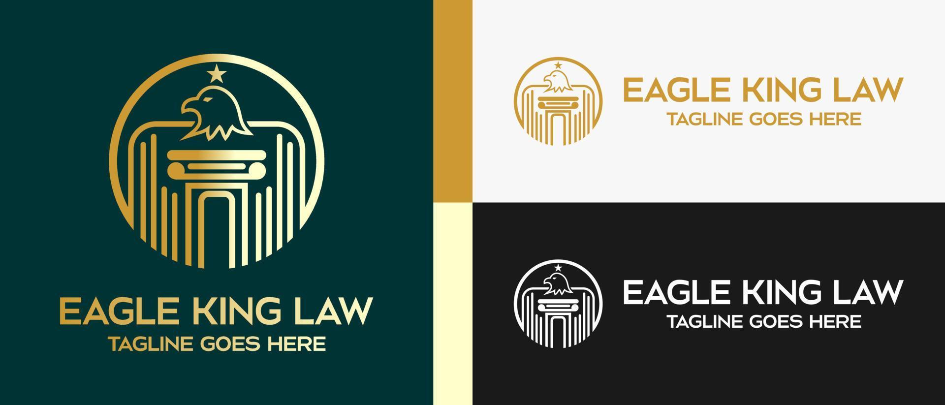 Law pillar and eagle design logo template with fancy lines in circle, vector illustration