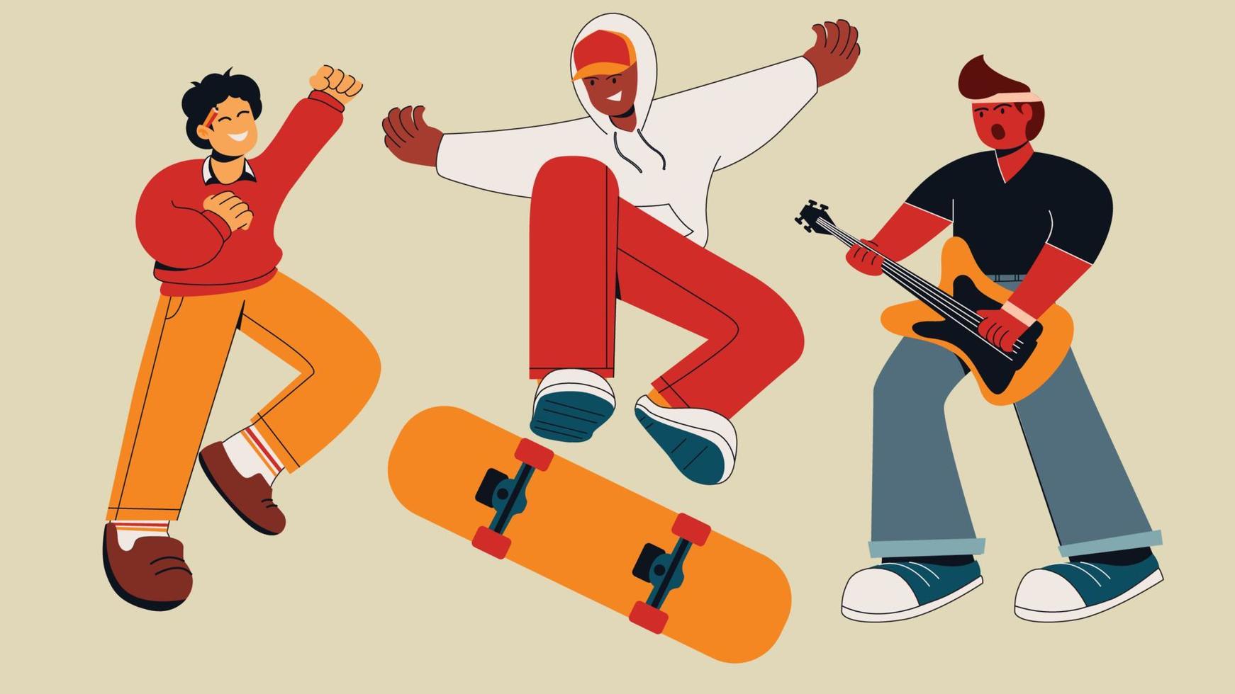 People with Hobbies playing guitars and skate boards flat character vector