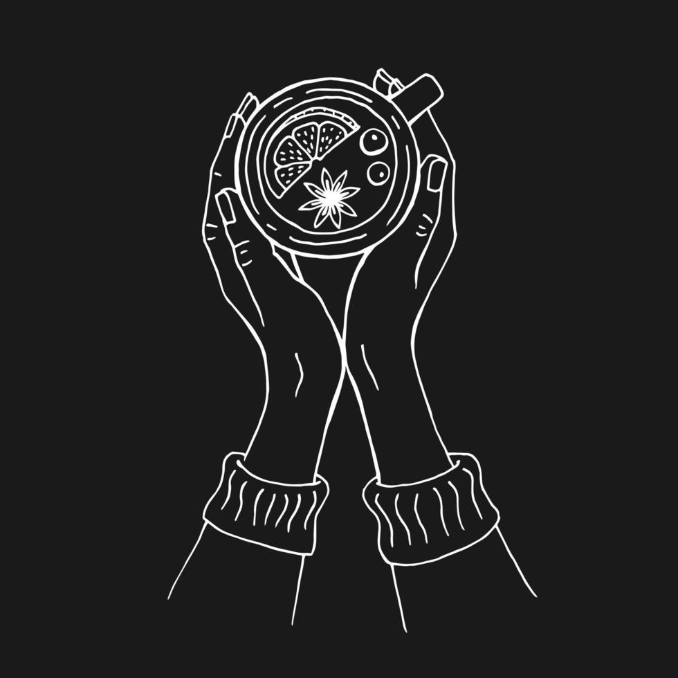 Hand drawn sketch of hands holding a cup of mulled wine. Vector illustration isolated on black background.