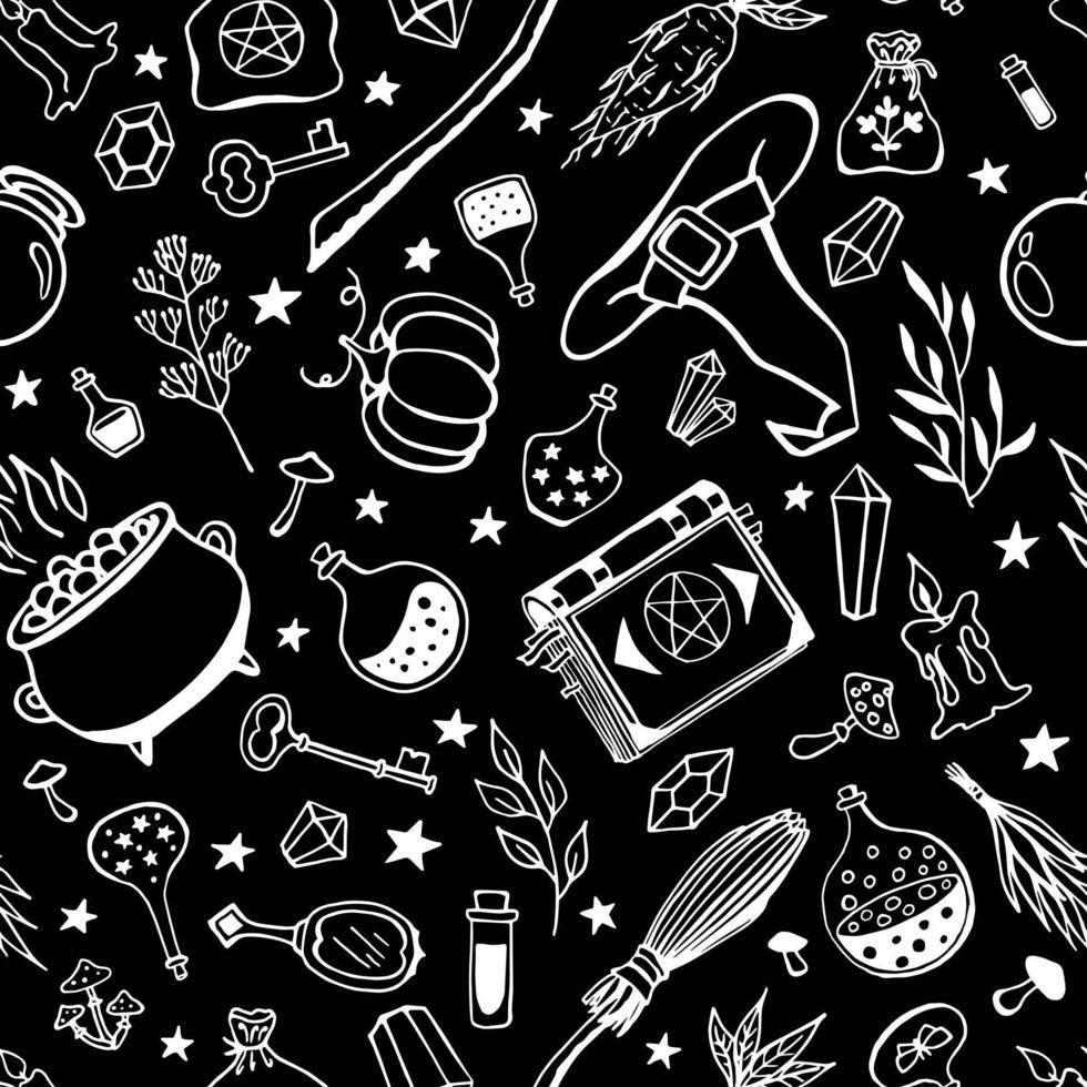 Seamless pattern with hand drawn magic tools, concept of witchcraft. Witchcraft, magic background for witches and wizards. vector