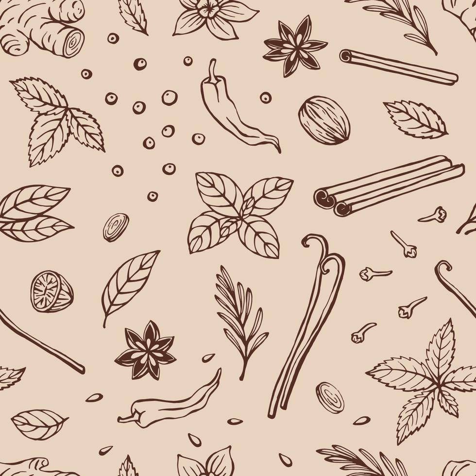 Seamless pattern with herbs and spices. Hand drawn vector illustration in sketch style.