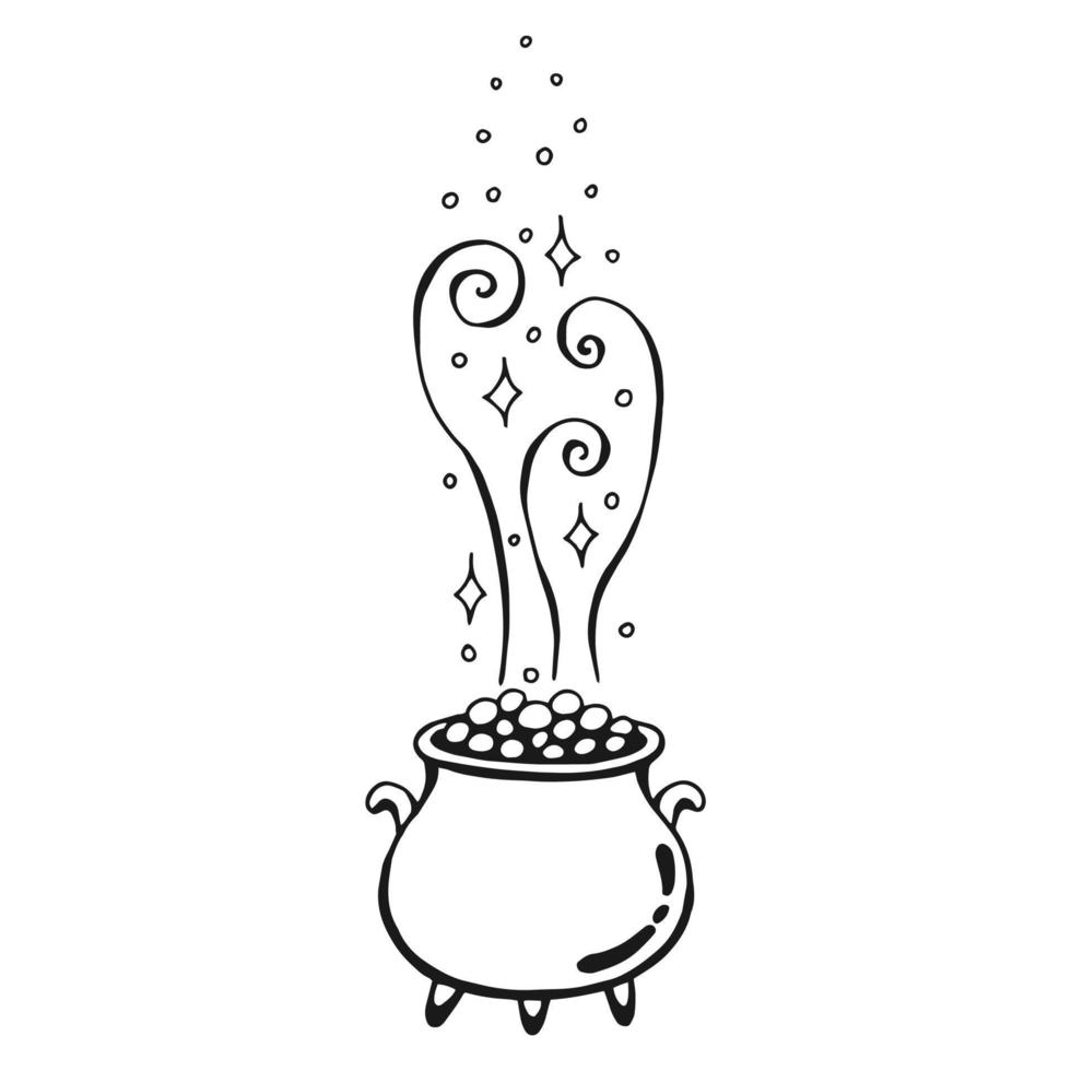 Boiling magic cauldron. Hand drawn vector illustration isolated on white background.