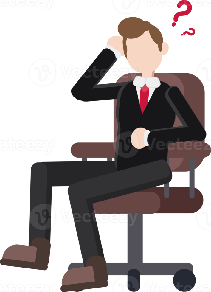 the character of a man sitting on a chair is thinking hard and looking for a solution png