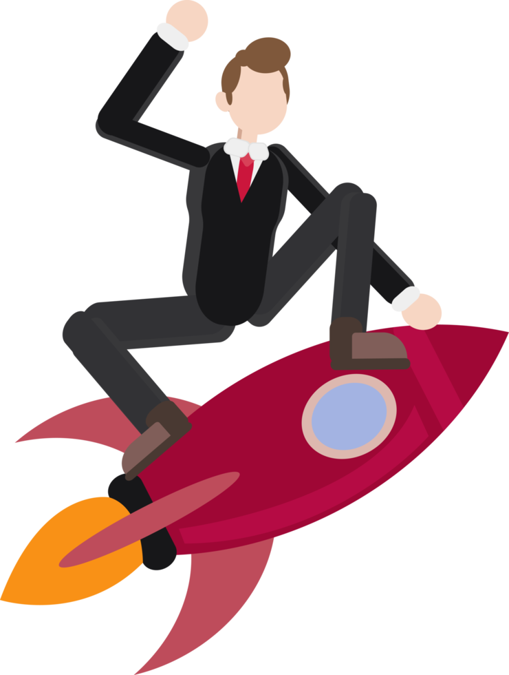 excited businessman sitting on flying rocket, startup business success concept png