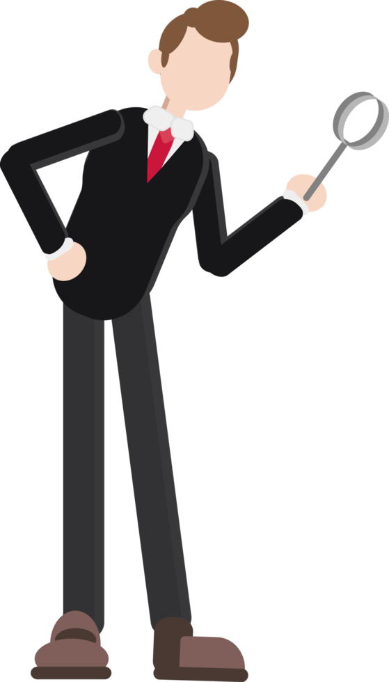 character of a worker posing holding a magnifying glass, finding idea and solution concept png