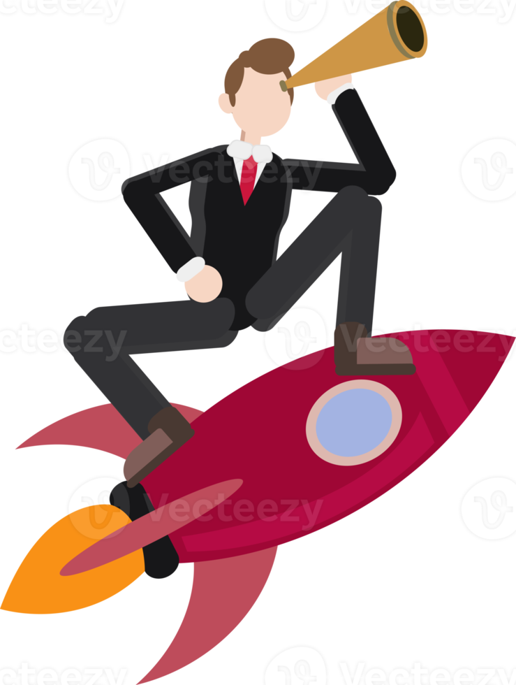 businessman looking through binoculars above flying rocket, visionary person concept png