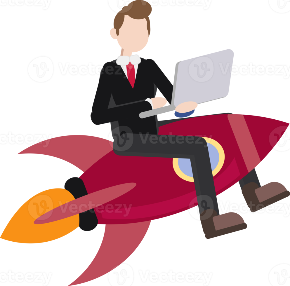 businessman working with laptop on flying rocket, concept of keeping focus on business progress png