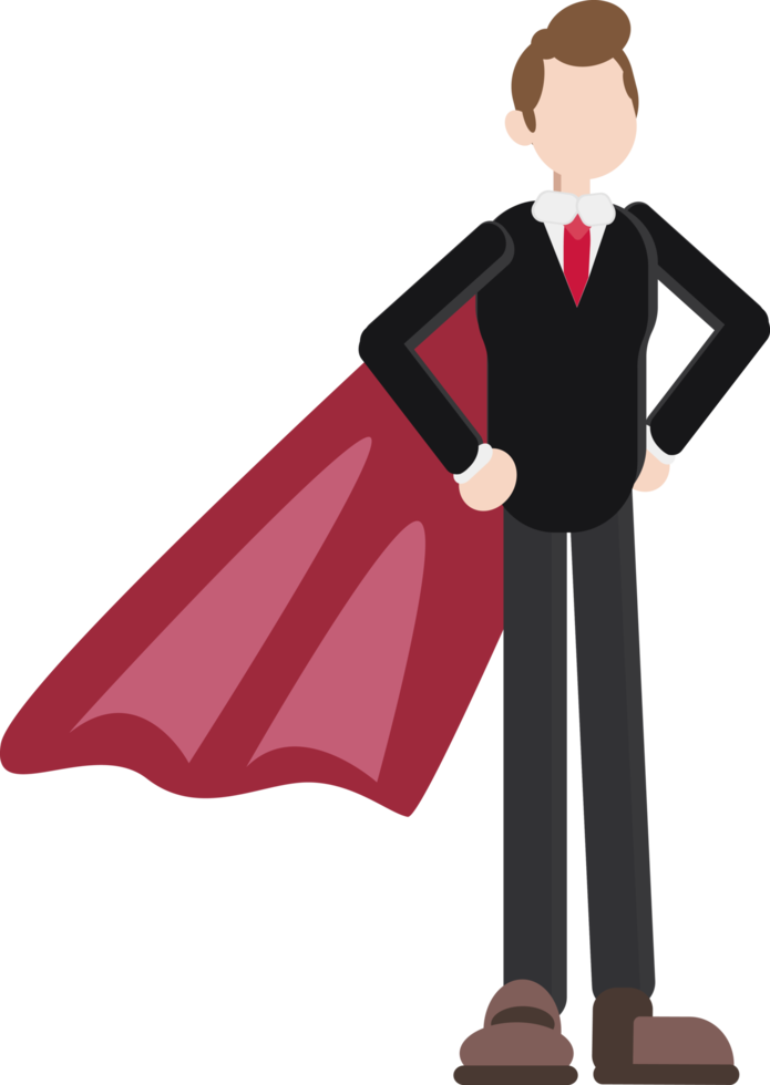 an entrepreneur standing tall confidently wearing super hero wings, successful hard worker concept png