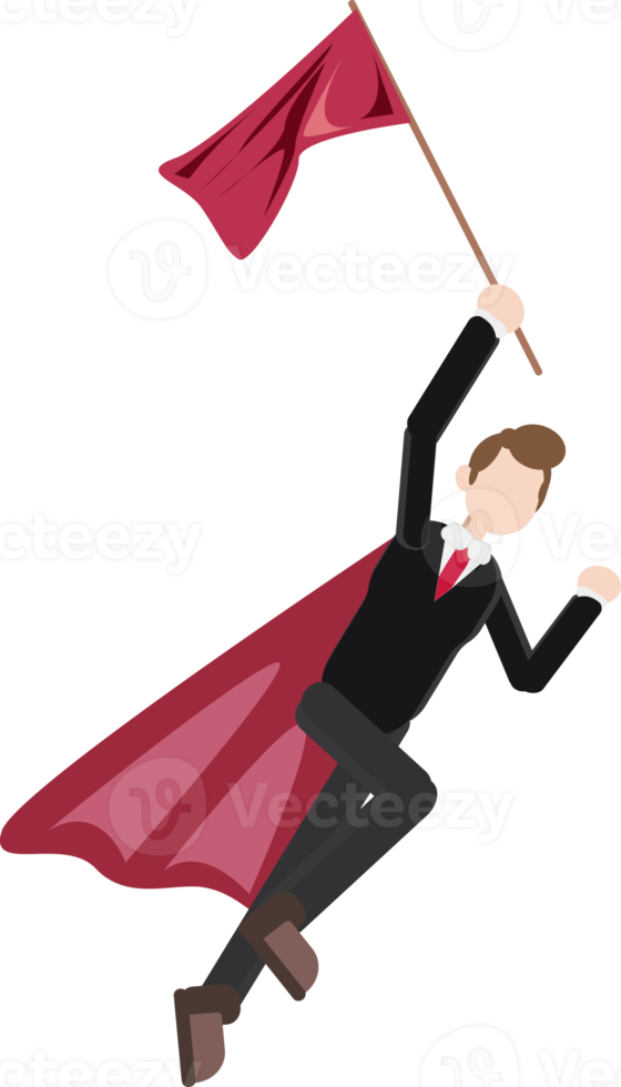 a flying businessman wearing super hero wings carrying a flag, success concept achieving goals png