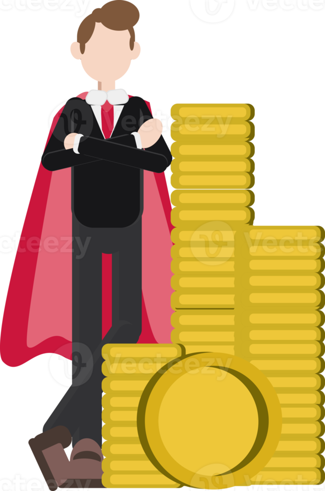 business man using super hero wings leaning on pile of big coins, successful businessman concept png